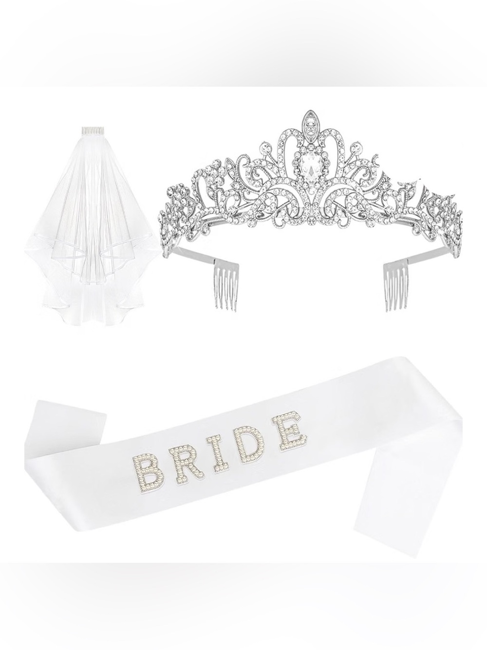 Bride Sash & Silver Crown & Wedding Veil Set for Bride to Be